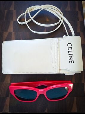 Celine White Leather Crossbody Phone Pouch with Red Sunglasses